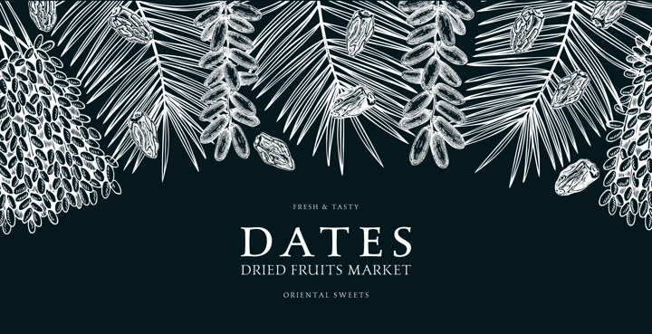 Hand drawn border design with date palm leaves and ripe fruit illustrations. Healthy food ingredients sketches isolated on chalkboard. Oriental sweets vector background. Vintage dried dates background